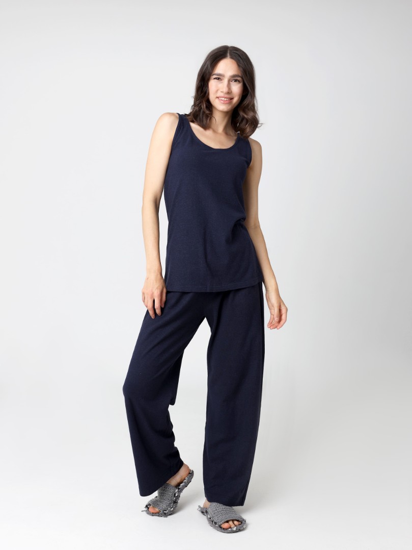 Женская синяя пижама с майкой из конопли 55% и органического хлопка Uzor Wear